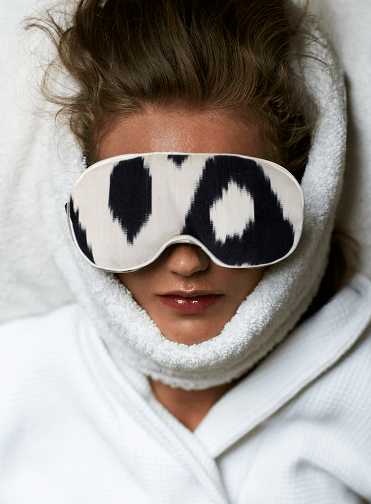 black shadow silk ikat eye mask with lavender nomad design